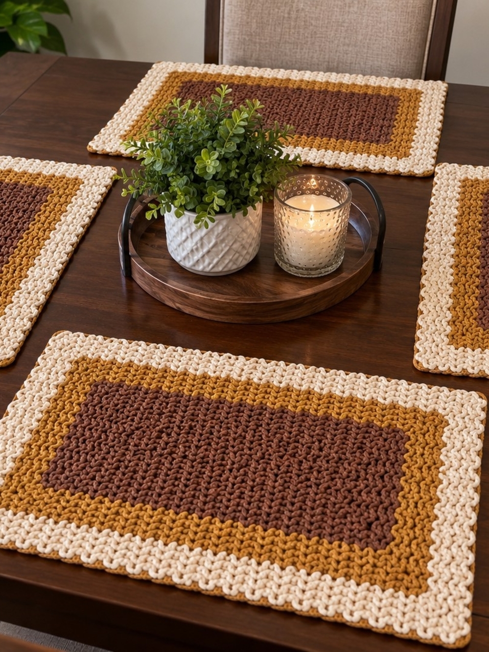 Crocheted Table Placemats in Brown, Mustard & Cream - Set of 4